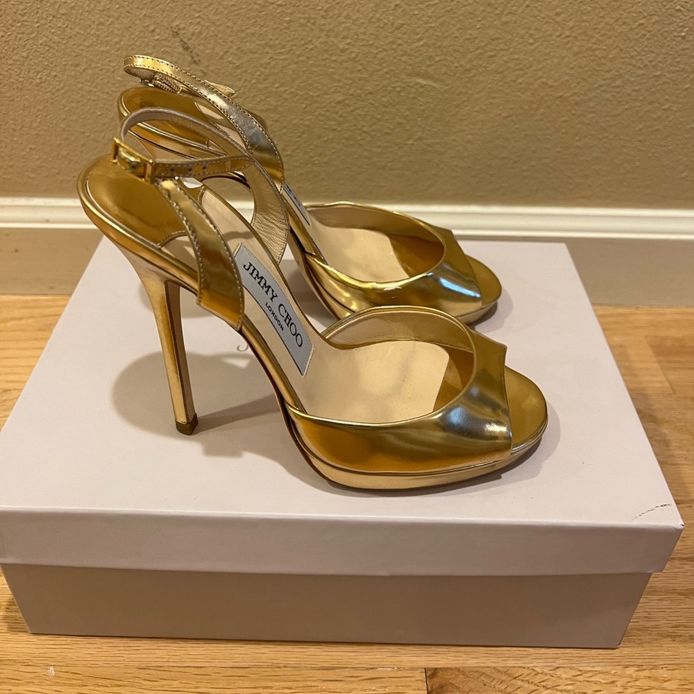 Vintage Jimmy Choo Mirror Leather Gold Heels 081ELAZER
